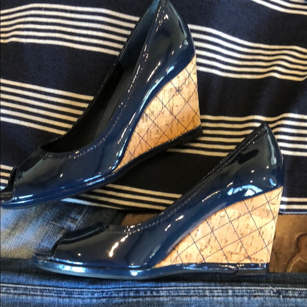 Vaneli Navy Patent Leather Cork Wedges